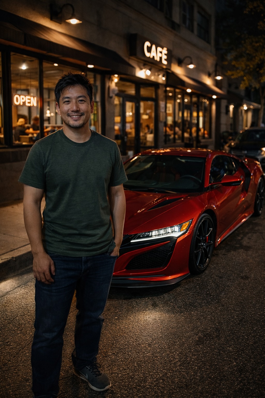 Man posing with a red sports car parked in front of a city cafe at night
