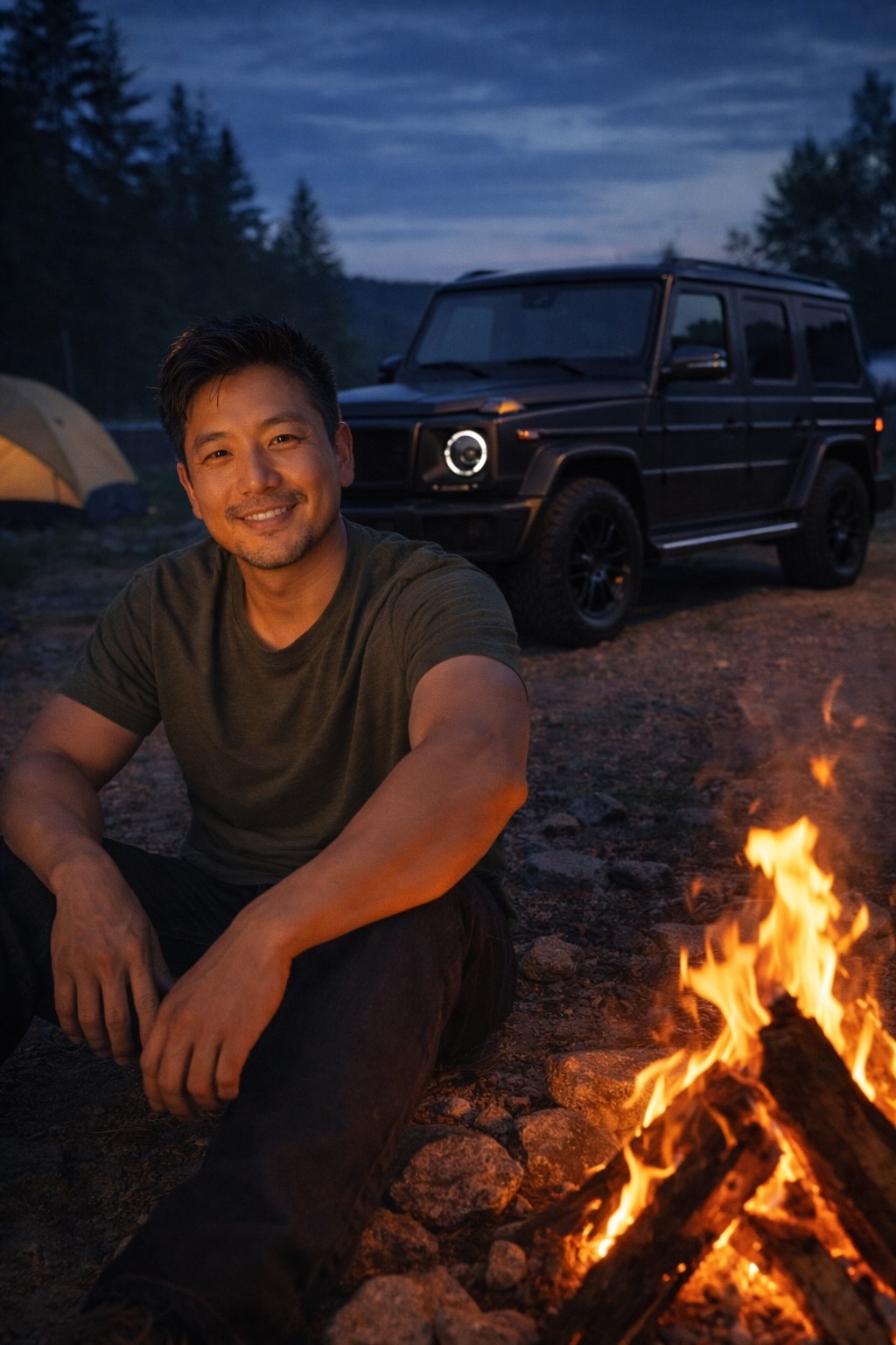 Man relaxing by a campfire with an off-road SUV and tent in the background at a forest campsite