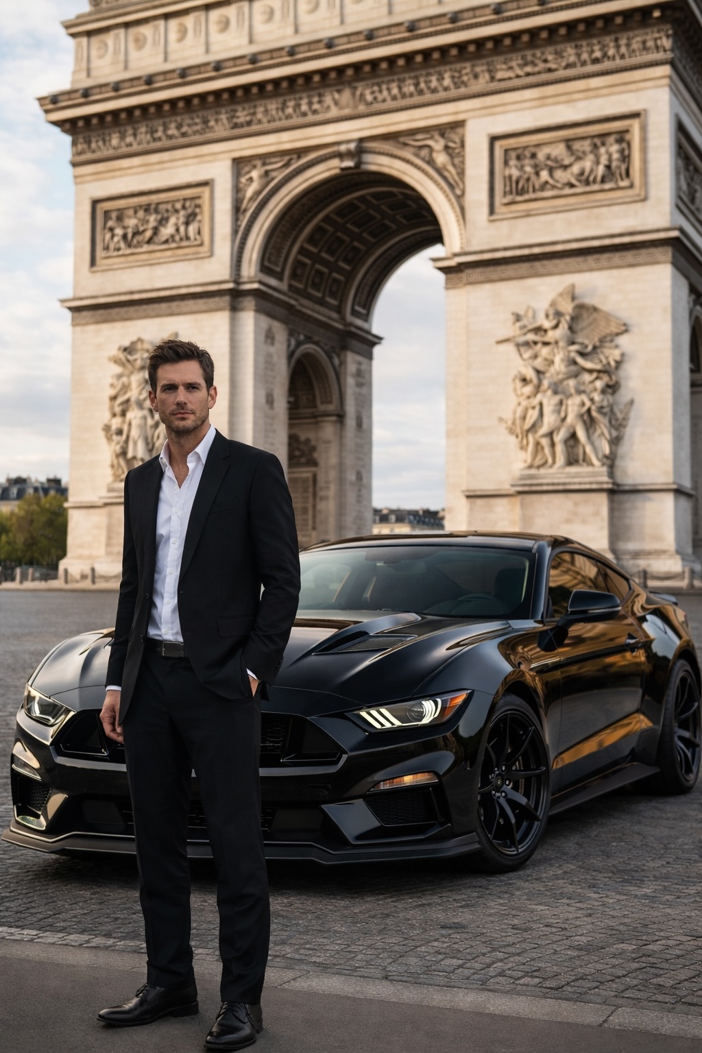 Man in a suit standing next to a black sports car under the Arc de Triomphe in Paris