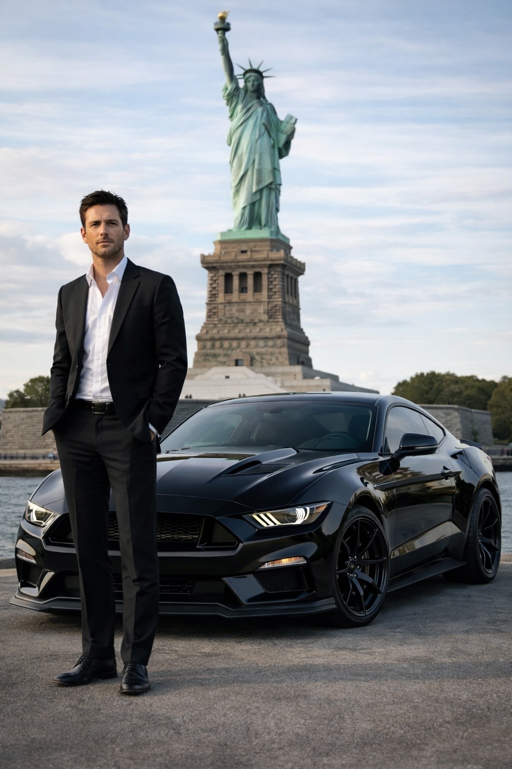 Man in a suit standing beside a black sports car with the Statue of Liberty in the background
