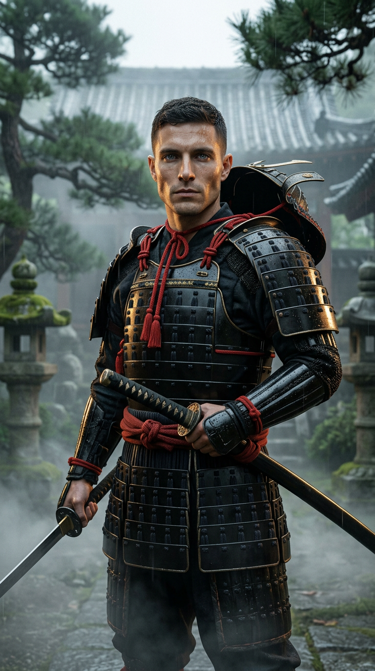 Samurai warrior in black and red armor holding two katanas in a misty Japanese garden with stone lanterns and temple — Nano Banana 2 AI image example