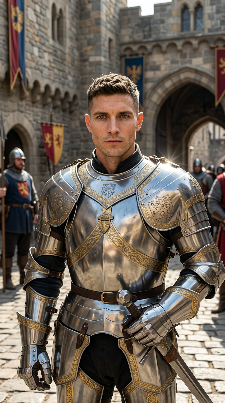 Knight in silver and gold plate armor holding a sword in a sunlit medieval castle courtyard with heraldic banners — Nano Banana 2 generated image