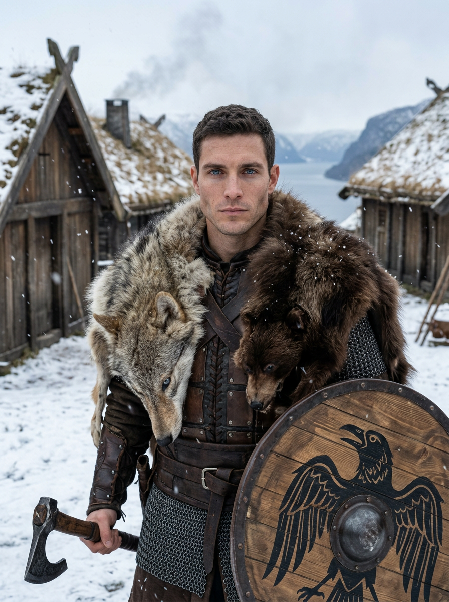 Viking warrior in fur and leather armor with axe and raven shield in a snowy Nordic village by a fjord — Nano Banana 2 image generation