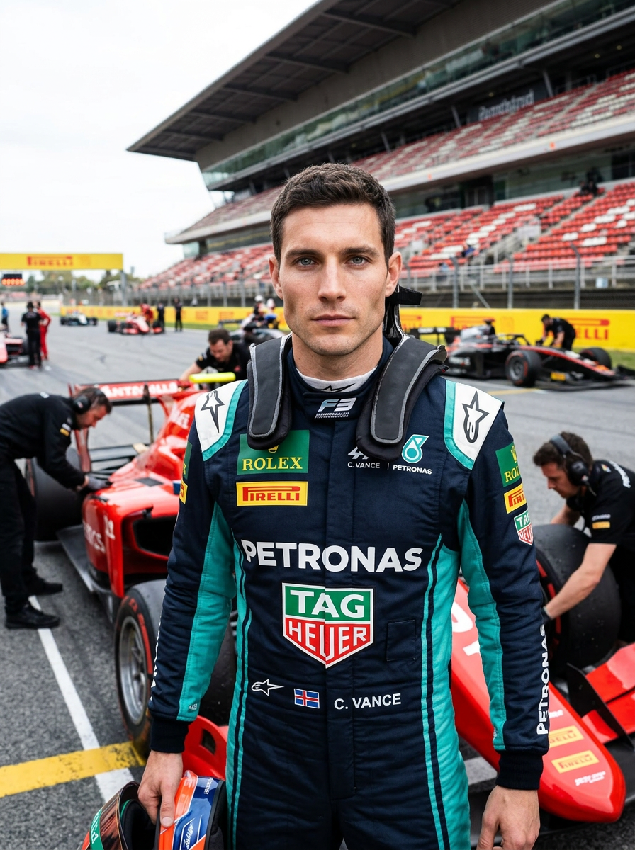 Racing driver in blue and teal suit with helmet in pit lane with single-seater race cars and grandstands — Nano Banana 2 motorsport image