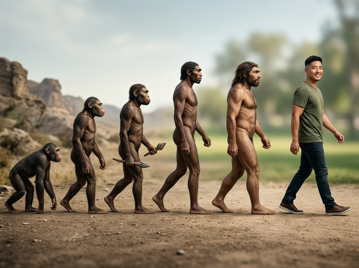 Human evolution from ape to modern man walking left to right — progress and advancement, Nano Banana 2 AI image generation
