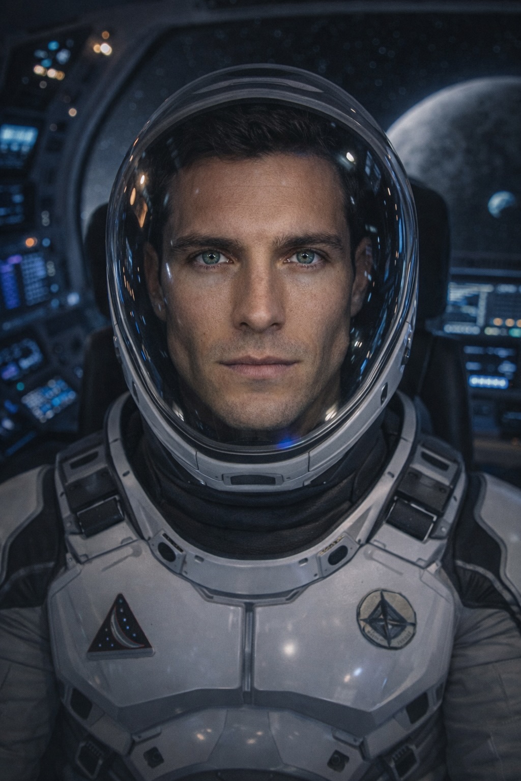 Male astronaut in a white Artemis-era flight suit seated in a spacecraft cockpit, Moon and distant Earth visible through a window—NASA-inspired lunar mission portrait created with Stilit Space Mission AI style