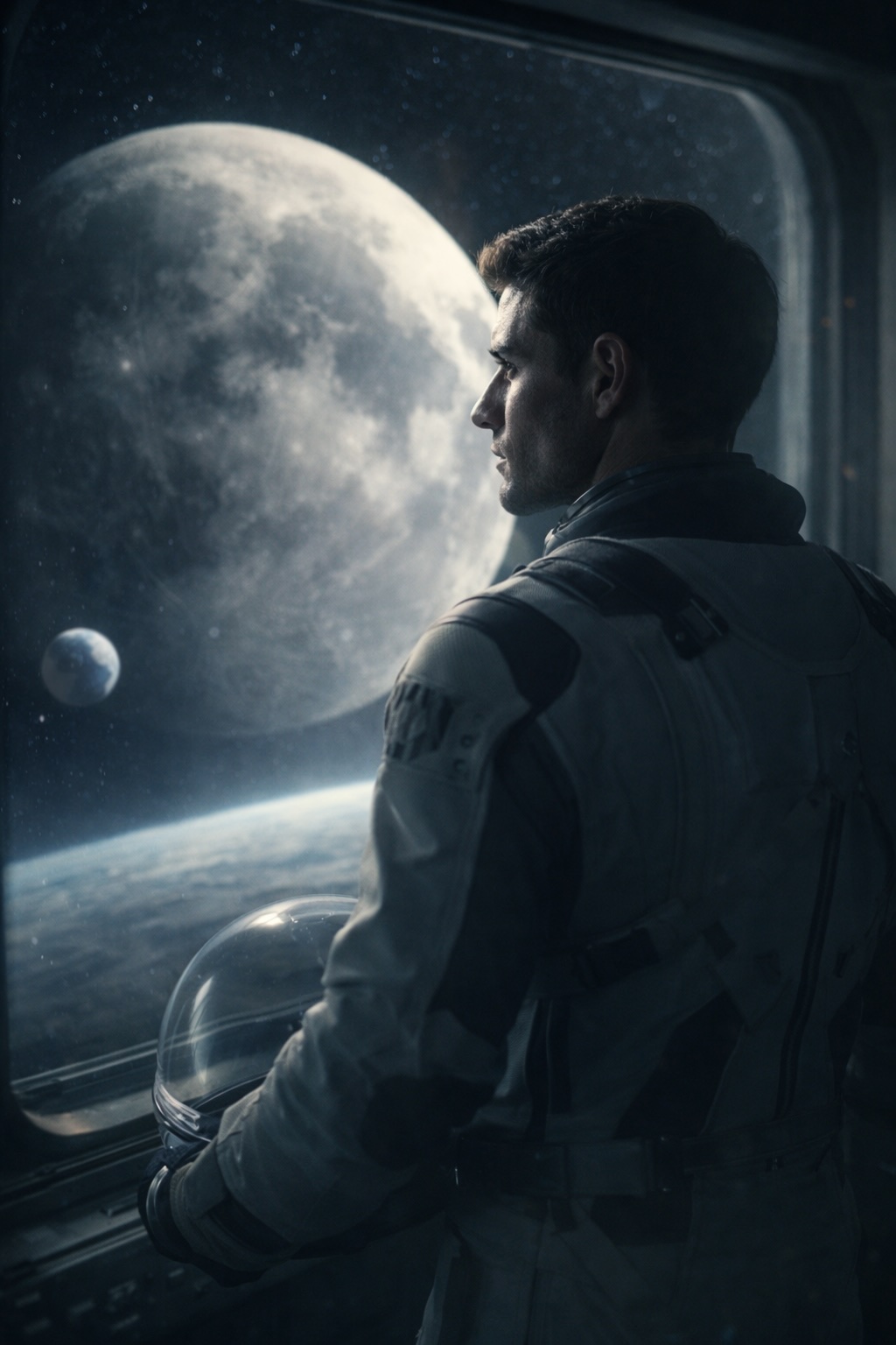 Astronaut in profile holding a helmet, gazing at a detailed Moon and blue Earth through a large spacecraft viewport—cinematic Artemis lunar flyby scene, AI space art by Stilit