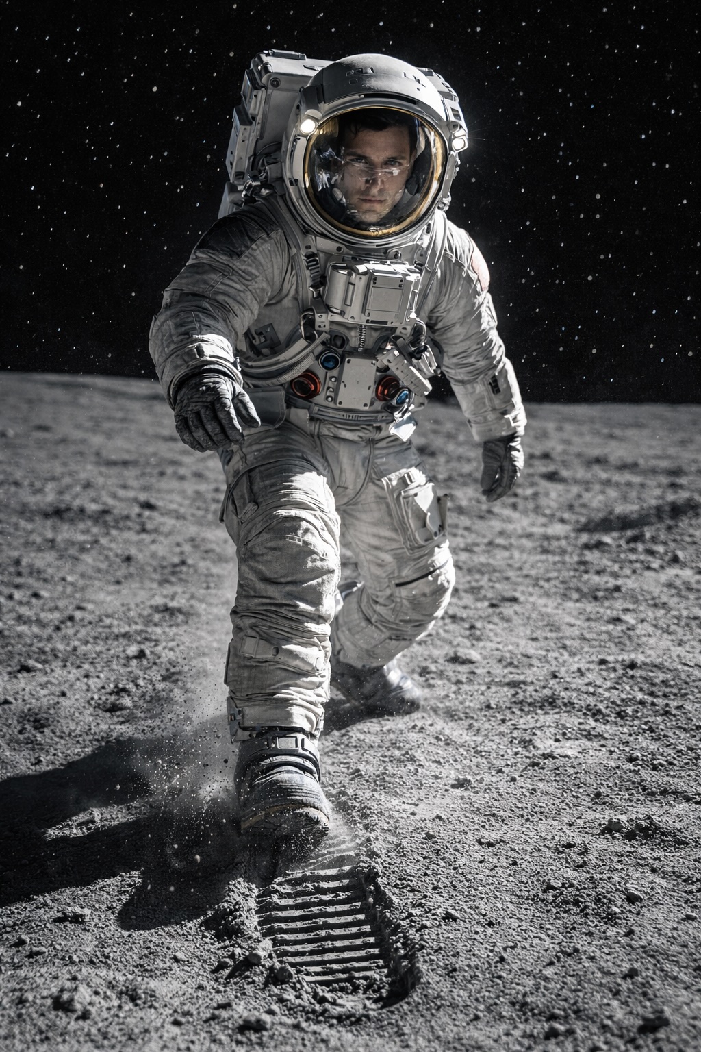 Low-angle photorealistic shot of an astronaut walking on the lunar surface, boot print and starfield visible—Artemis program–inspired moonwalk image from Stilit Space Mission styles