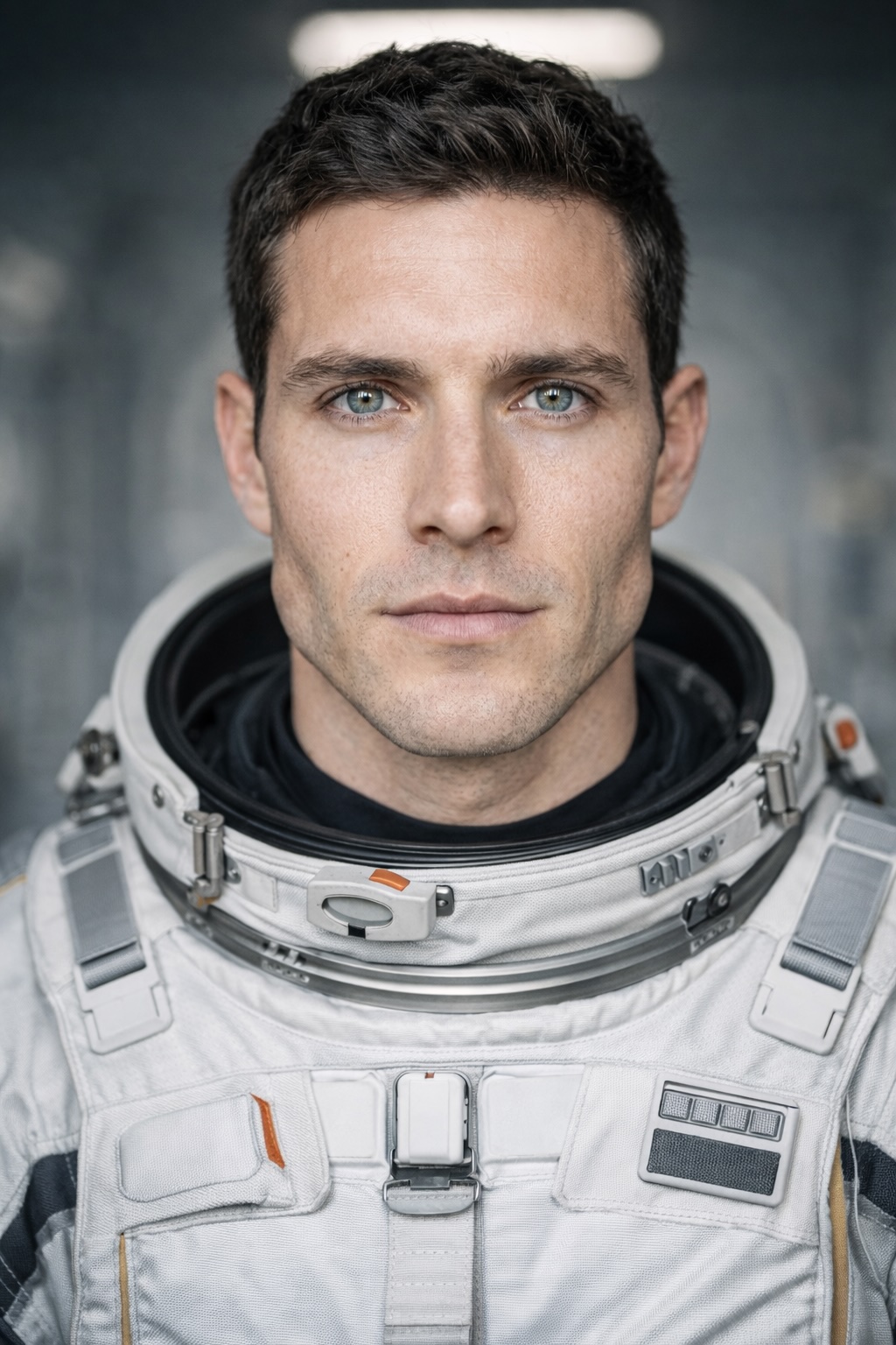 Close-up portrait of a male astronaut in a white pressure suit with neck ring and harness, neutral spacecraft interior—professional Artemis-style crew portrait generated in Stilit