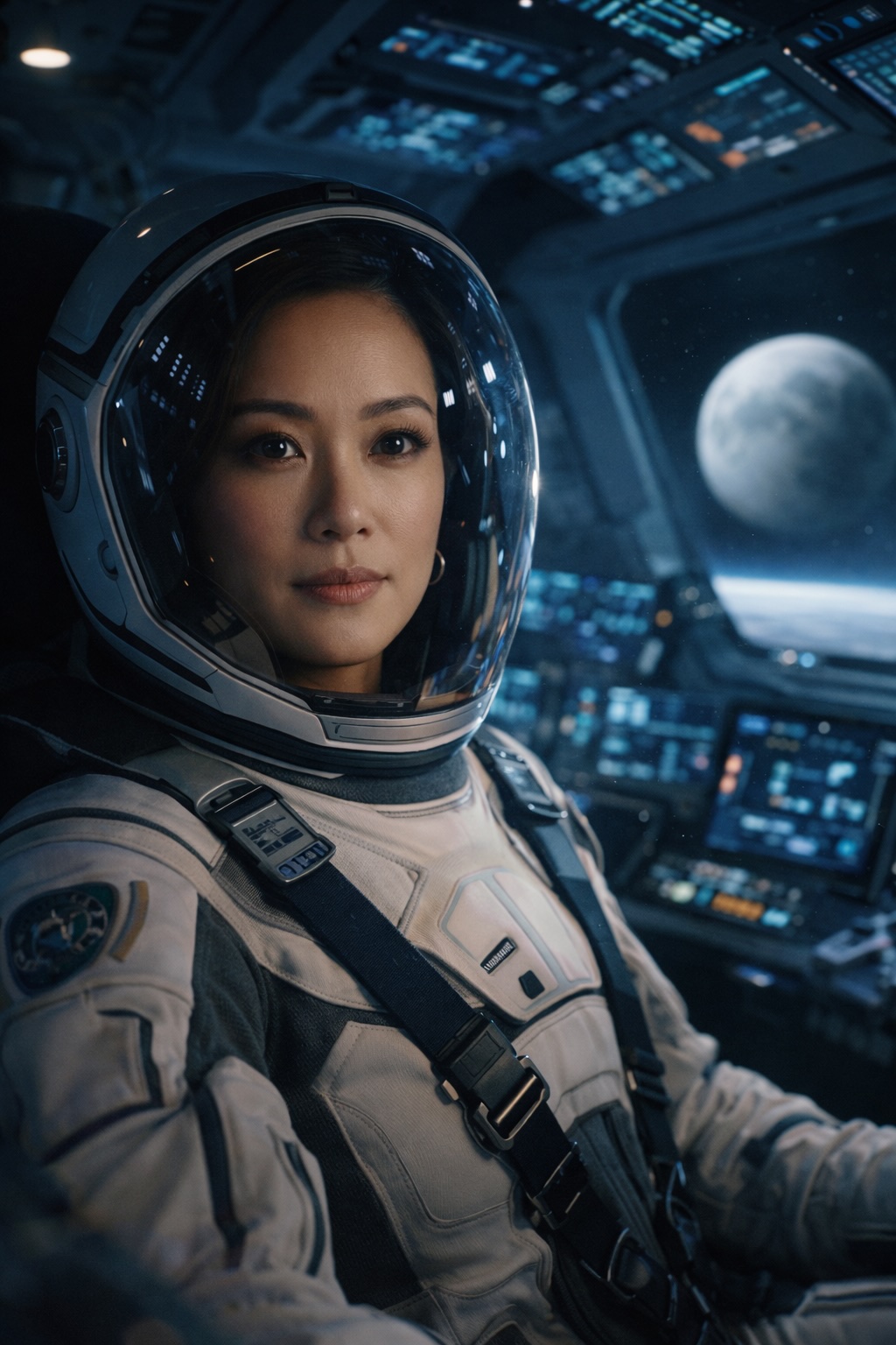 Female astronaut secured in a pilot harness inside a high-tech cockpit, lunar surface and Earth limb through the window—Stilit AI Space Mission portrait for Artemis II fans