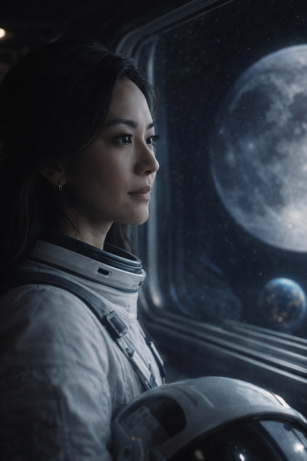 Woman astronaut in profile holding her helmet, massive Moon and Earth with city lights outside the spacecraft window—lunar orbit inspired digital art, Stilit Space Mission style