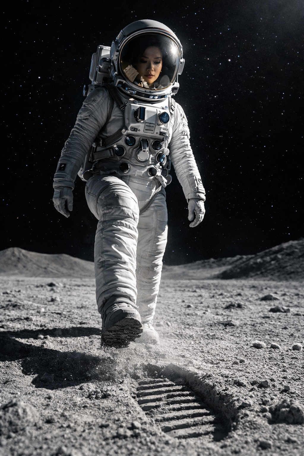 Female astronaut in an EVA suit mid-stride on the Moon, lunar dust and detailed boot print in foreground—epic Artemis-era lunar exploration scene by Stilit AI