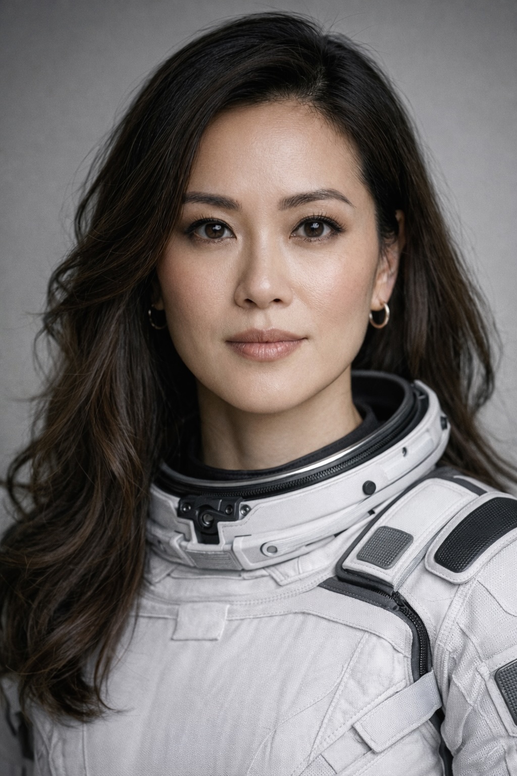 Professional headshot-style portrait of a woman in a modern white Artemis-inspired flight suit on a neutral gray background—high-quality space mission portrait from Stilit